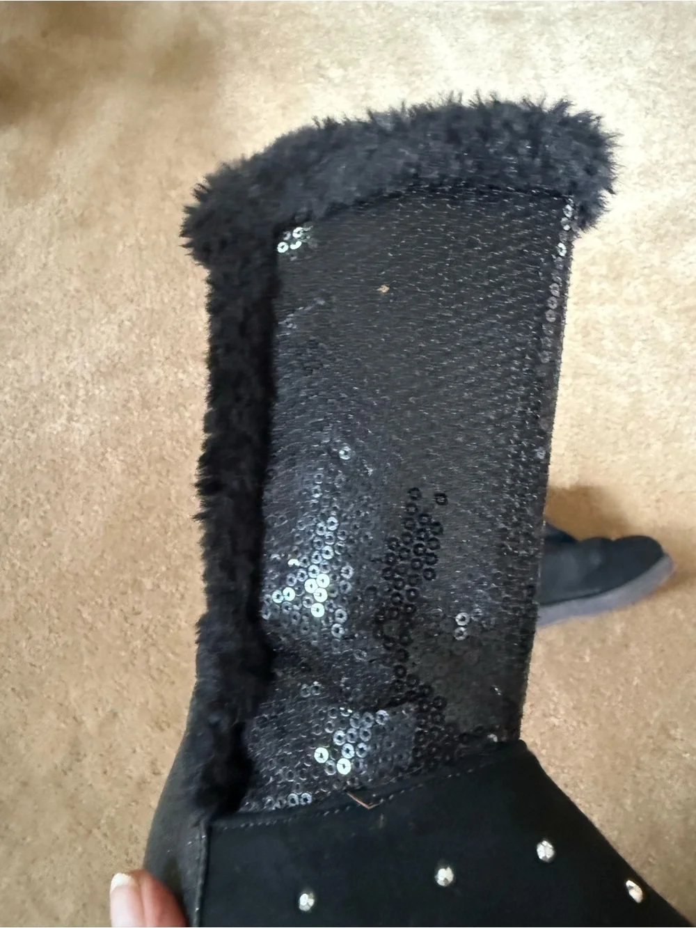 Kids Sketcher Black Sparkly Winter Boots with Faux Fur